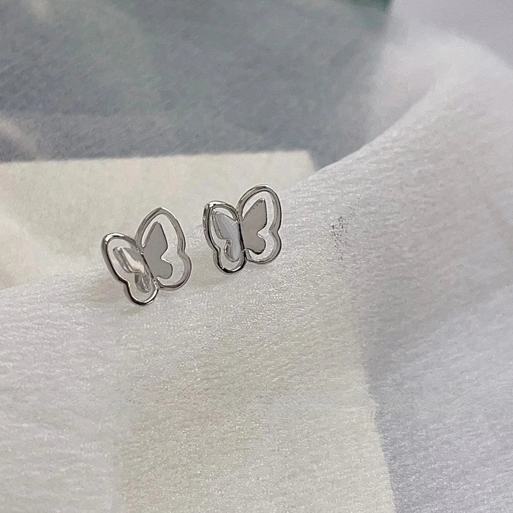 Sweet Cool Silver Plated Copper Hollow Butterfly Stud Earrings Mini 3D Minimalist Jewelry For Women