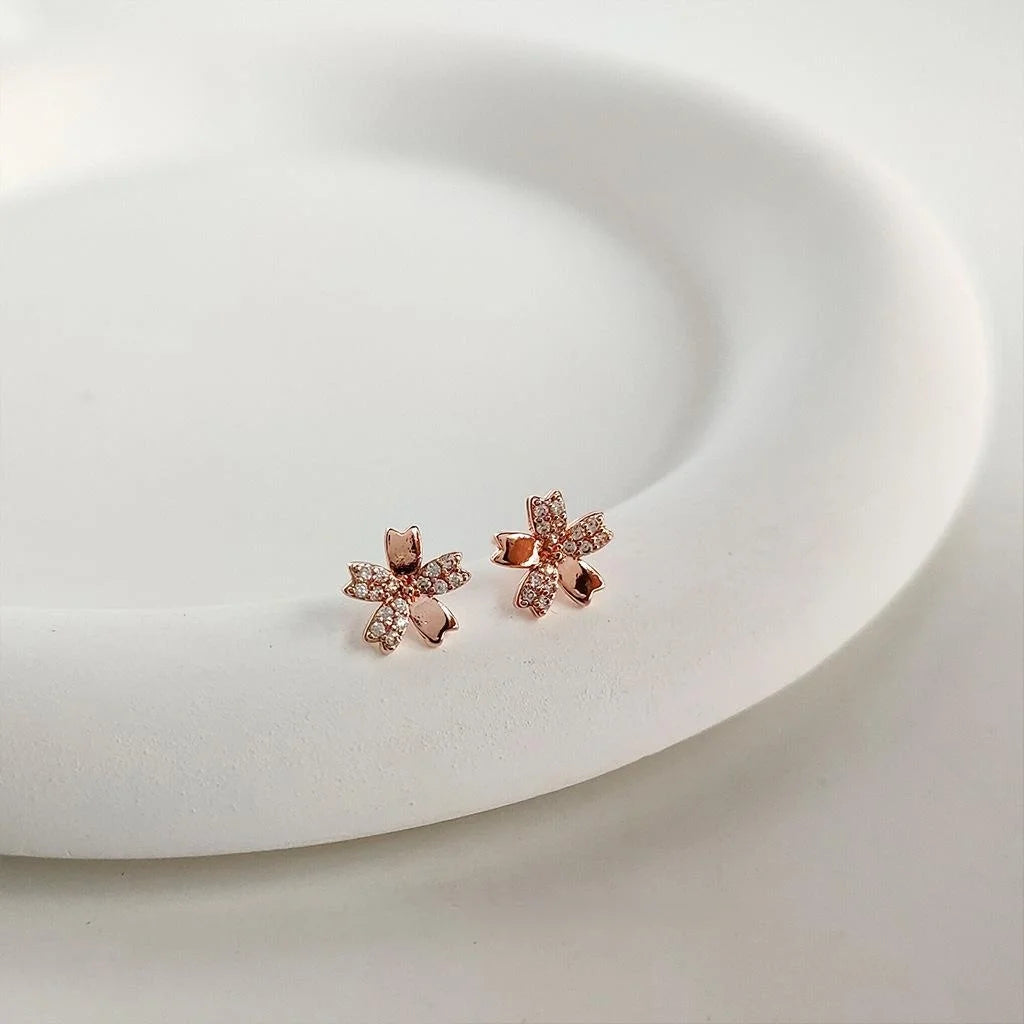Mini Rose Gold Plated Copper Micro Pave Zircon Flower Stud Earrings
