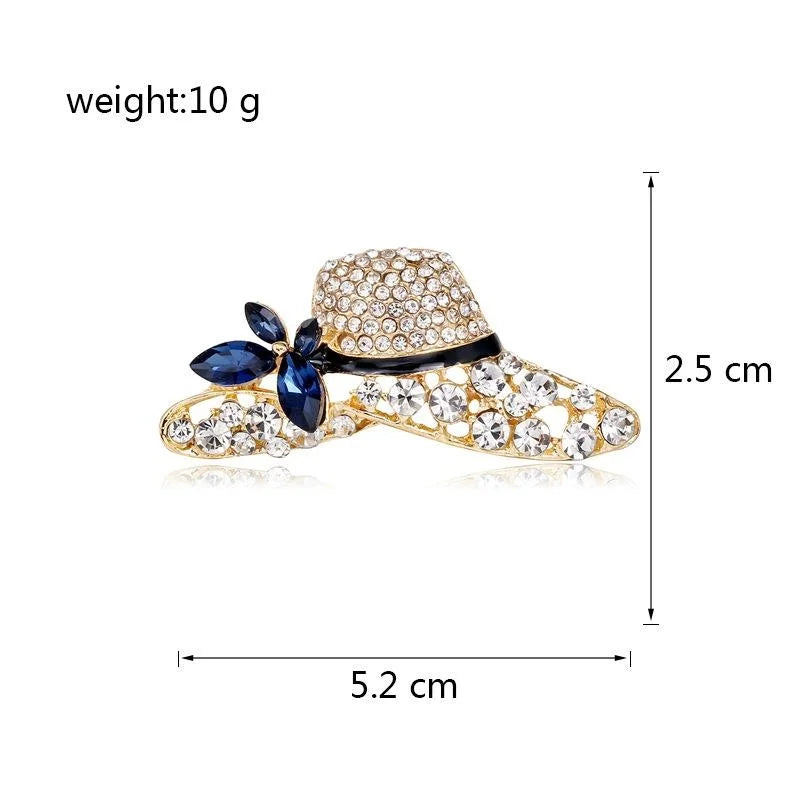 Elegant Rhinestone Wide Brim Hat Brooch With Blue Crystal Flower, Enamel Band Lapel Pin Corsage Gift
