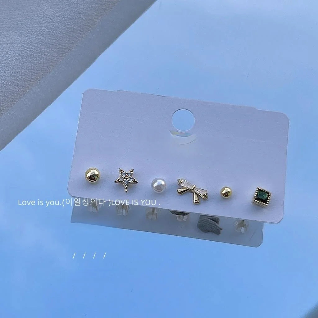 6 Piece 14K Gold Plated Copper Micro Pave Zircon Geometric Round Stud Earrings