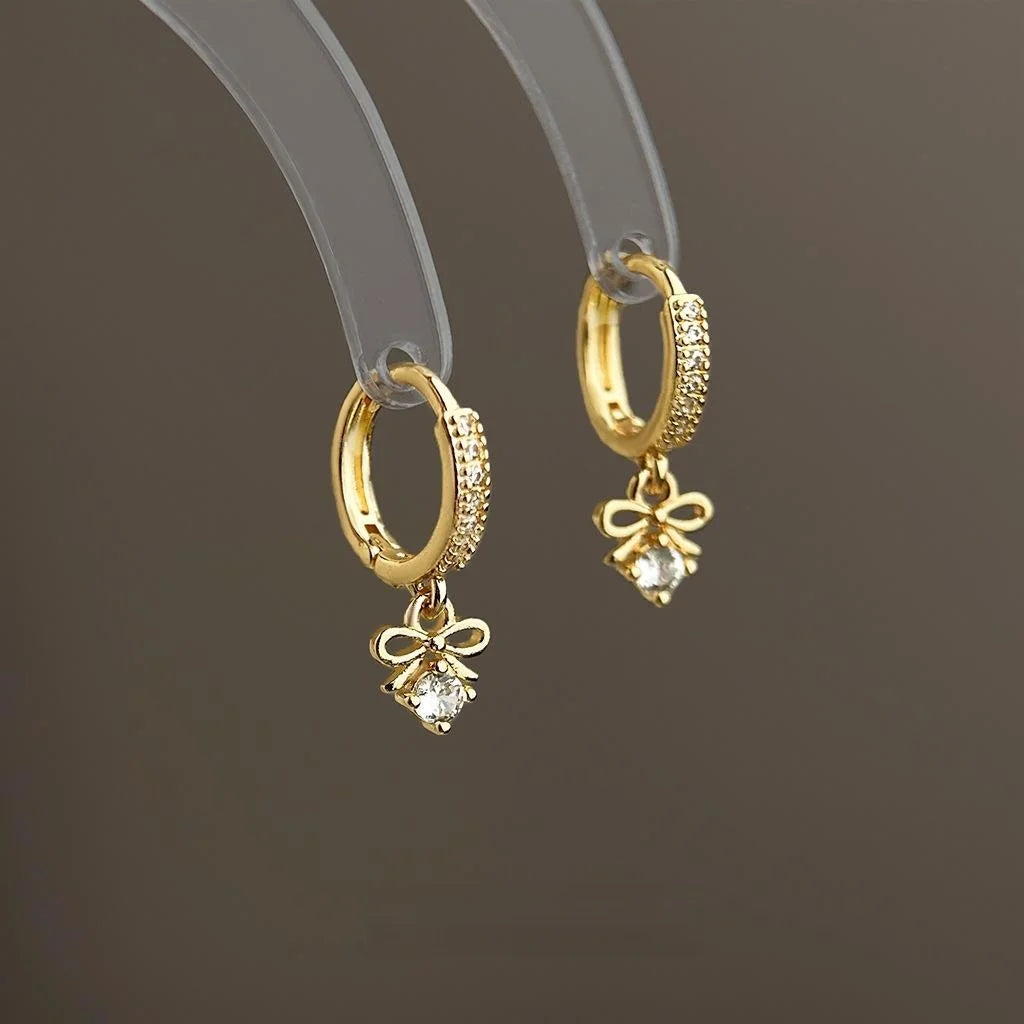 14K Gold Plated Copper Zircon Bow Drop Earrings Elegant Minimalist Versatile Jewelry