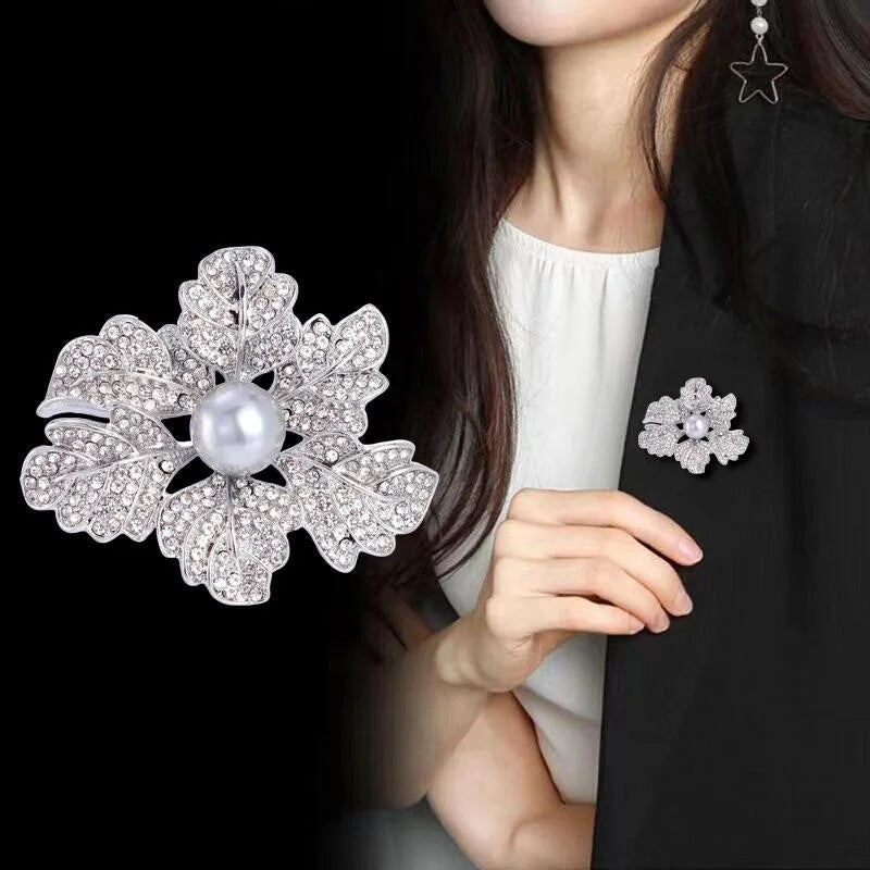 Elegant Rhinestone Flower Brooch With Faux Pearl Center, Silver Rose Corsage Lapel Pin Suit Accessory