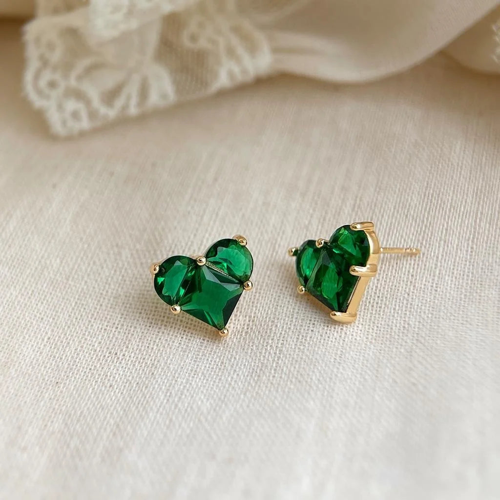 Emerald Green Zircon Heart Stud Earrings Simple Mini Heart Shaped Fashion Earrings for Women