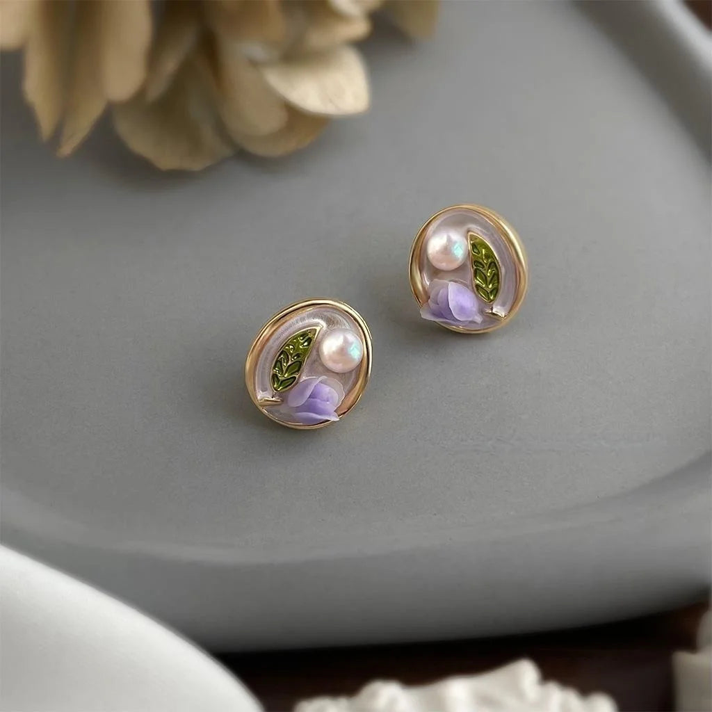 Freshwater Pearl Purple Tulip Hand Painted Enamel Stud Earrings Silver Plated Hepburn Floral Jewelry