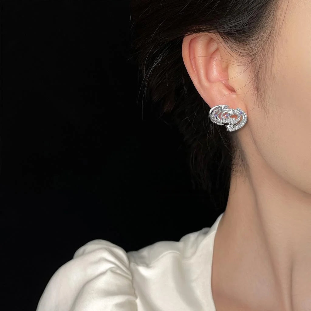 Niche 3D Geometric Planet Micro Pave Zircon Copper Stud Earrings With Silver Plated Pins