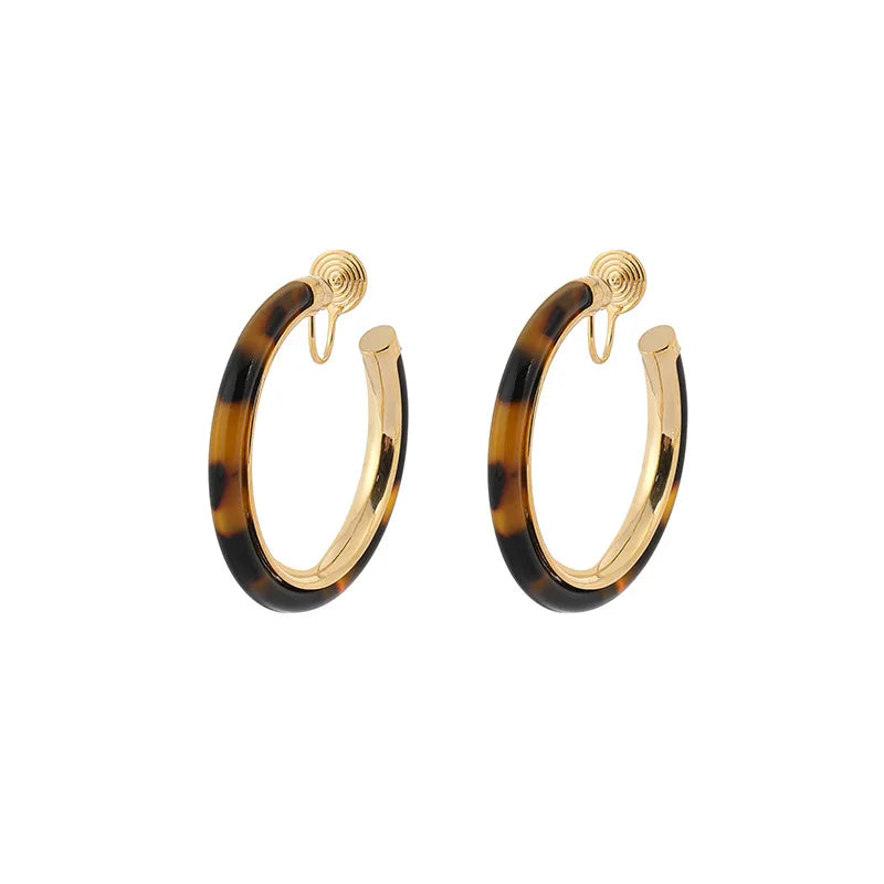 Elegant Brown Leopard Resin Hoop Stud & Clip On No Piercing Gold Alloy Spiral Disc Earrings