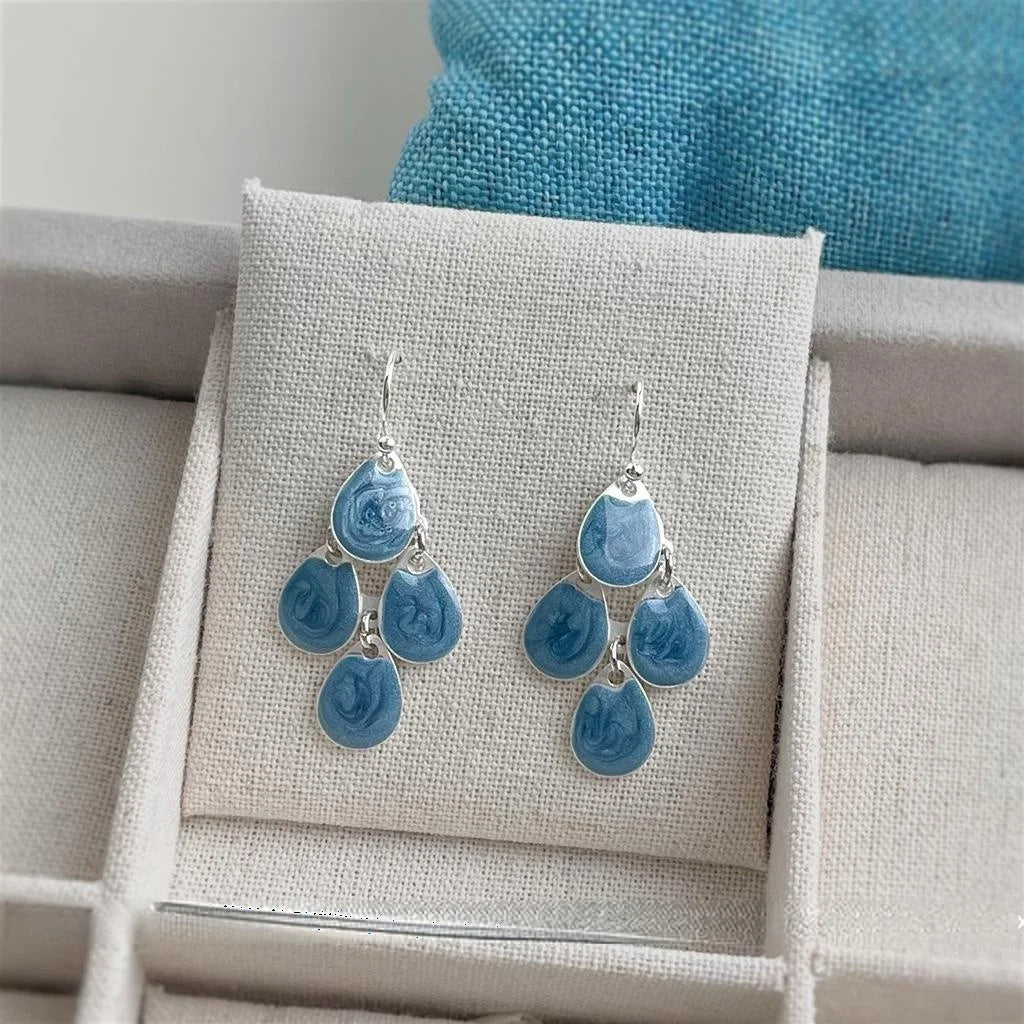 Vacation Style Blue Tassel Waterdrop Copper Drop Earrings, Ethnic Geometric Long Dangle Jewelry