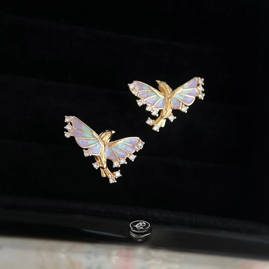 14K Gold Plated Copper Flying Fish Zircon Enamel Stud Earrings Fairy Style Jewelry