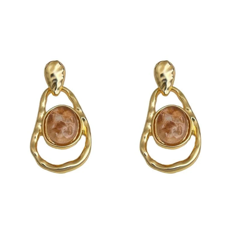 French Vintage Maillard Light Coffee Alloy Geometric Hollow Round Oval Drop Earrings
