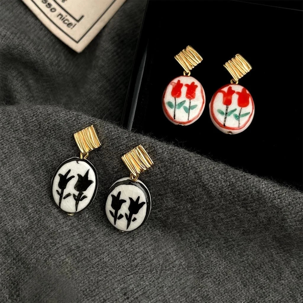 Original Design Copper Ceramic Hand Painted Tulip Flower Drop Earrings For Women