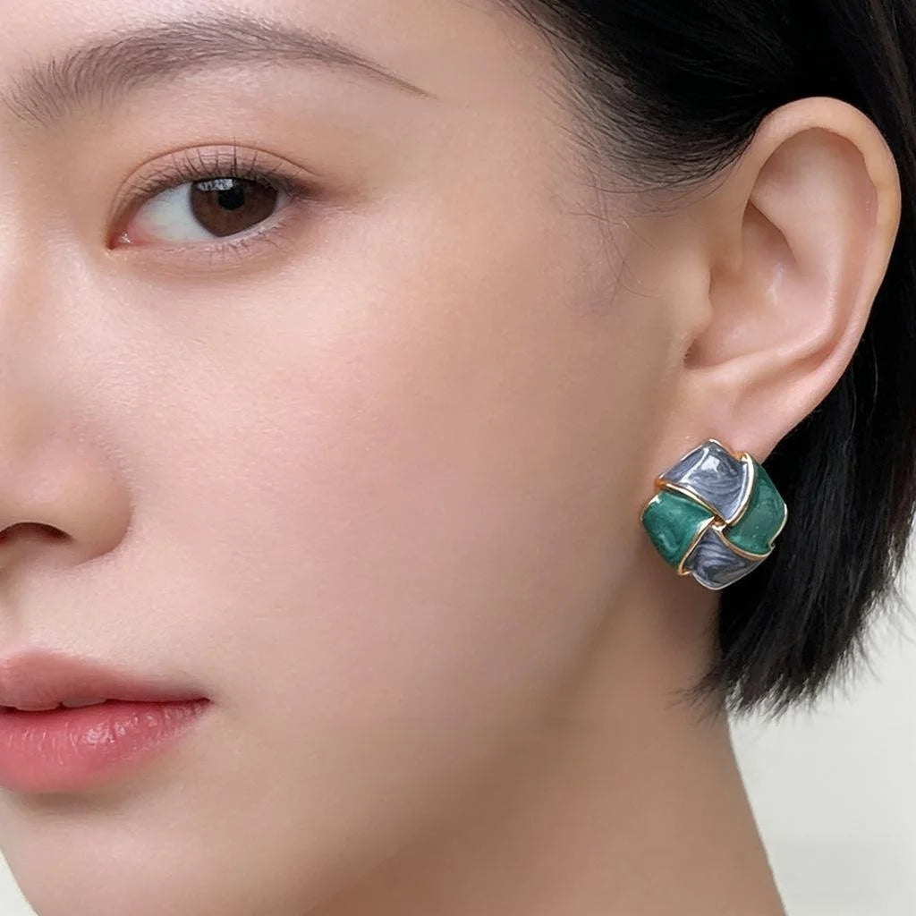 French Vintage Geometric Square Copper Stud Earrings With 14K Plated Enamel Design