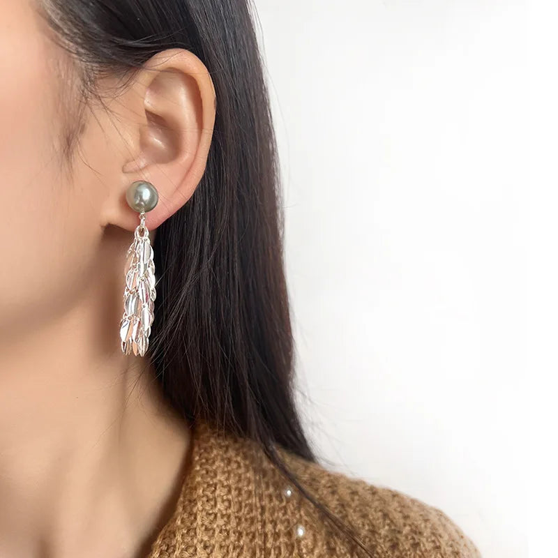 Elegant Silver Alloy Wheat Leaf Tassel Gray Pearl Stud & Clip On No Piercing Face Slimming Earrings