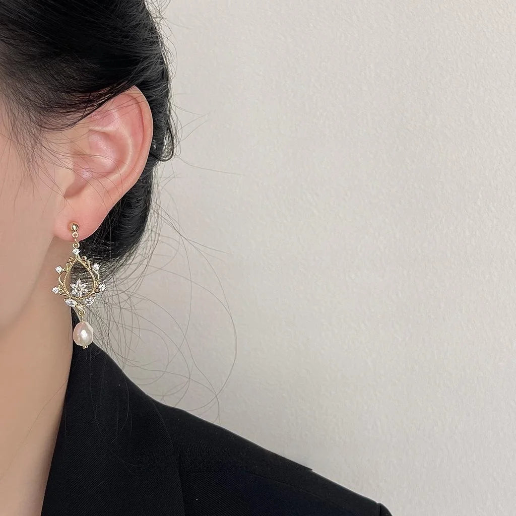 14K Gold Plated Copper Baroque Freshwater Pearl Micro Pave Zircon Geometric Tassel Drop Earrings