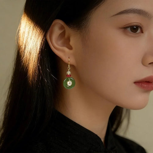 Handmade New Chinese Court Style Geometric Peace Buckle Glass Pearl Agate Drop Earrings