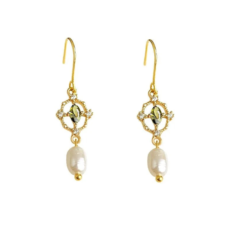 Freshwater Pearl Drop Earrings 14K Plated Micro Pave Zircon Geometric Oval Hoop Minimalist Style