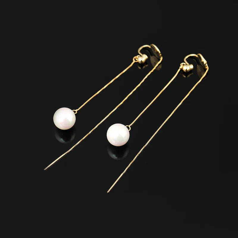 Elegant Long Pearl Threader Tassel Chain Stud & Clip On No Piercing Face Slimming Drop Earrings