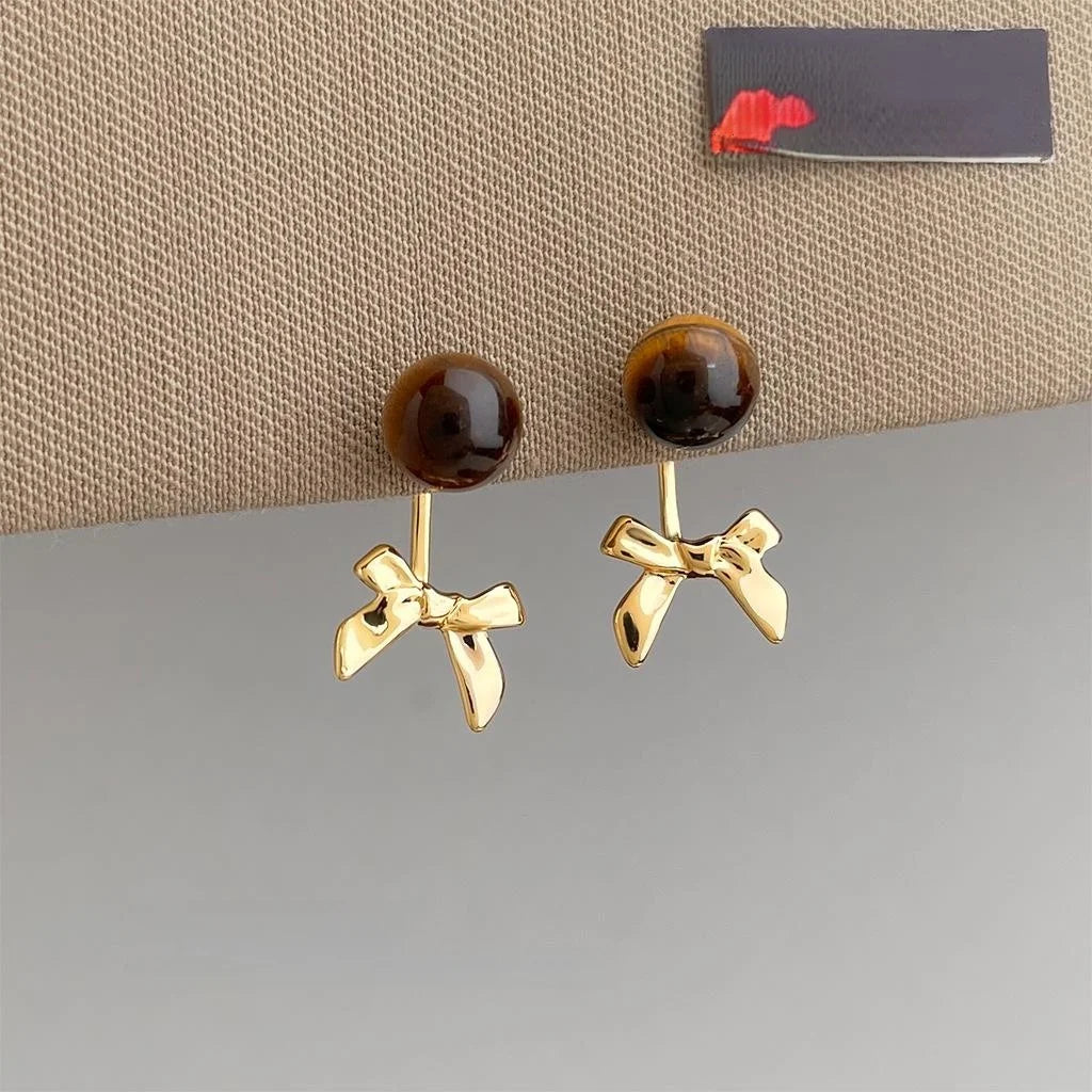 Two Way Maillard Style Natural Tiger Eye Bow Drop Earrings Copper Geometric Jewelry