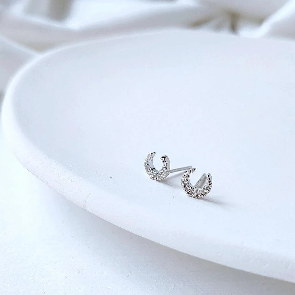 14K Gold Plated Mini Zircon Moon Stud Earrings, Fresh Minimalist Jewelry