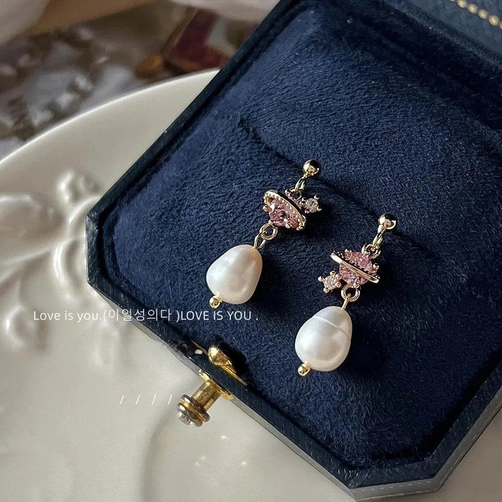 Light Luxury 14K Gold Plated Copper Freshwater Pearl Micro Pave Zircon Geometric Stud Earrings
