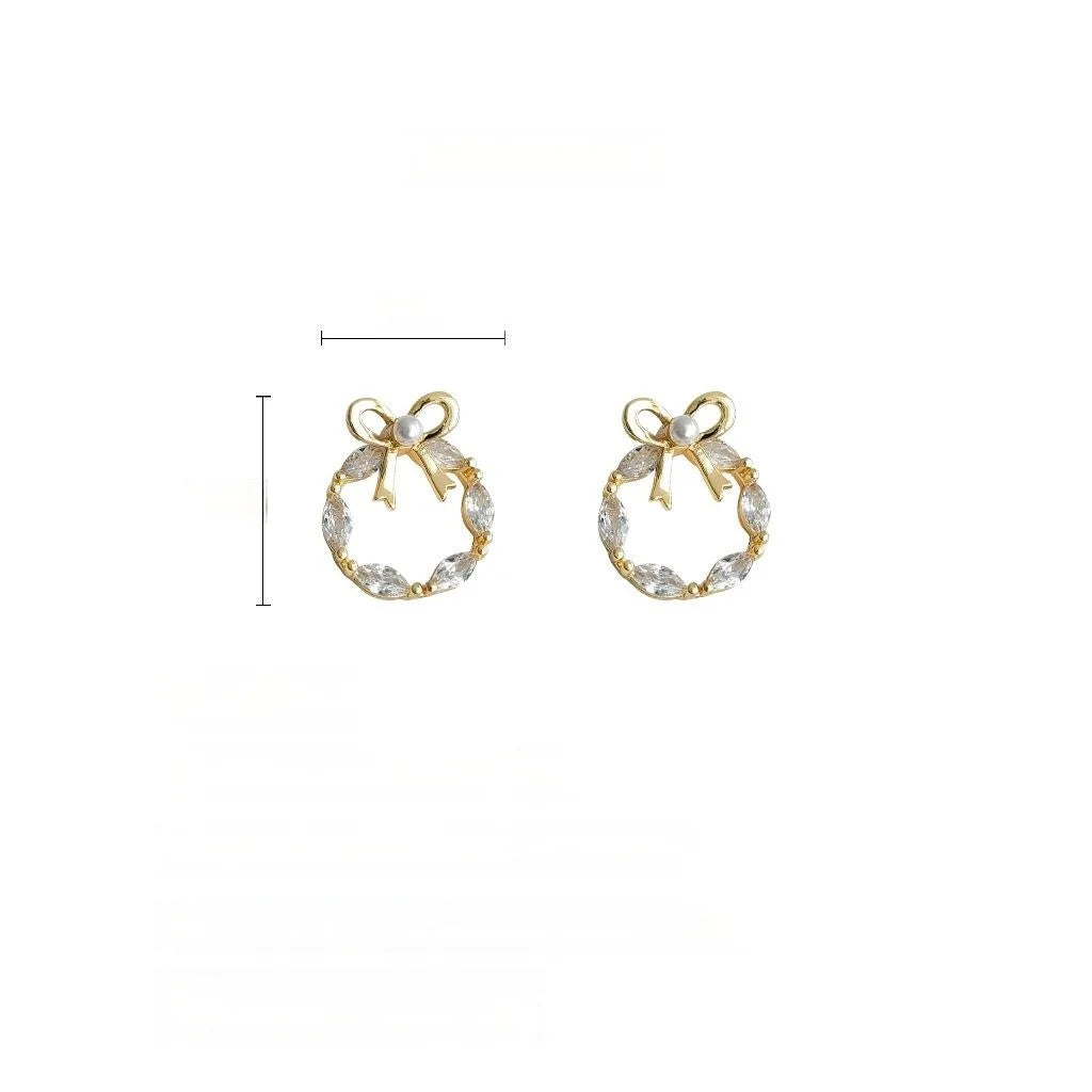 Sweet Bow Wreath Micro Pave Zircon Copper Stud Earrings, Hollow Geometric Round Mini Jewelry