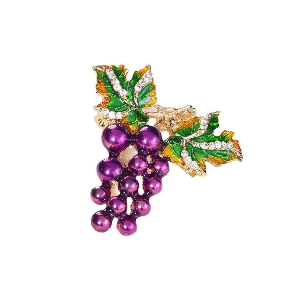 Elegant Purple Grape Brooch With Enamel Leaves And Rhinestones, Alloy Fruit Lapel Pin Suit Accessory Gift
