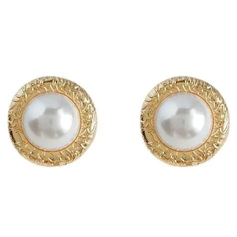 Hong Kong Vintage Round Geometric Pearl Stud Earrings 14K Plated Eco Copper