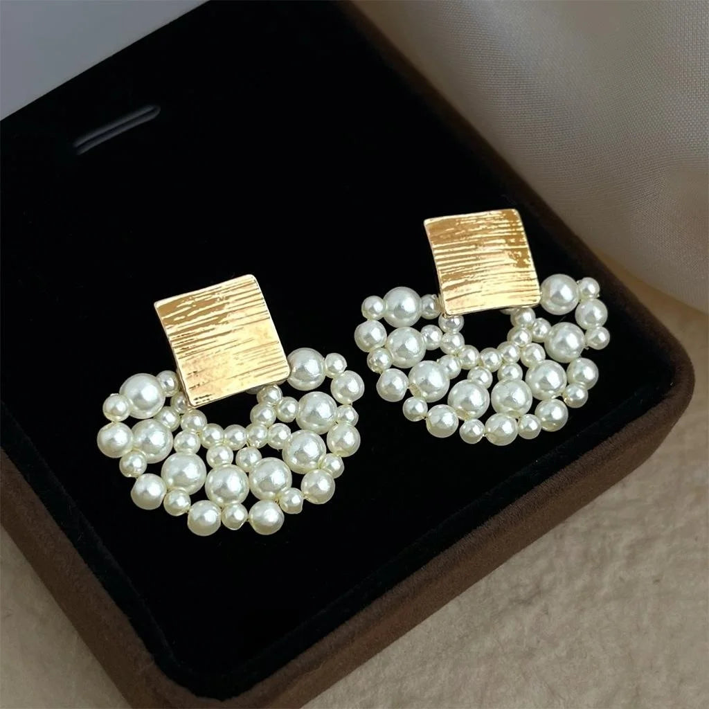 High Gloss Pearl Handmade Woven Flower Drop Earrings, Sweet Elegant Skirt Lace Design