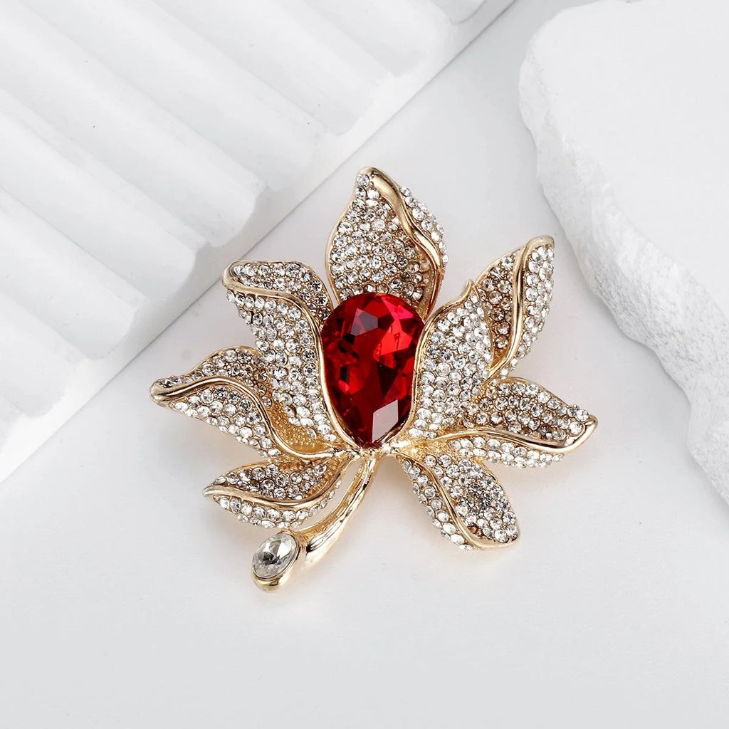Elegant Rhinestone Lotus Flower Brooch With Blue Crystal Center, Women's Luxury Lapel Pin Corsage Gift