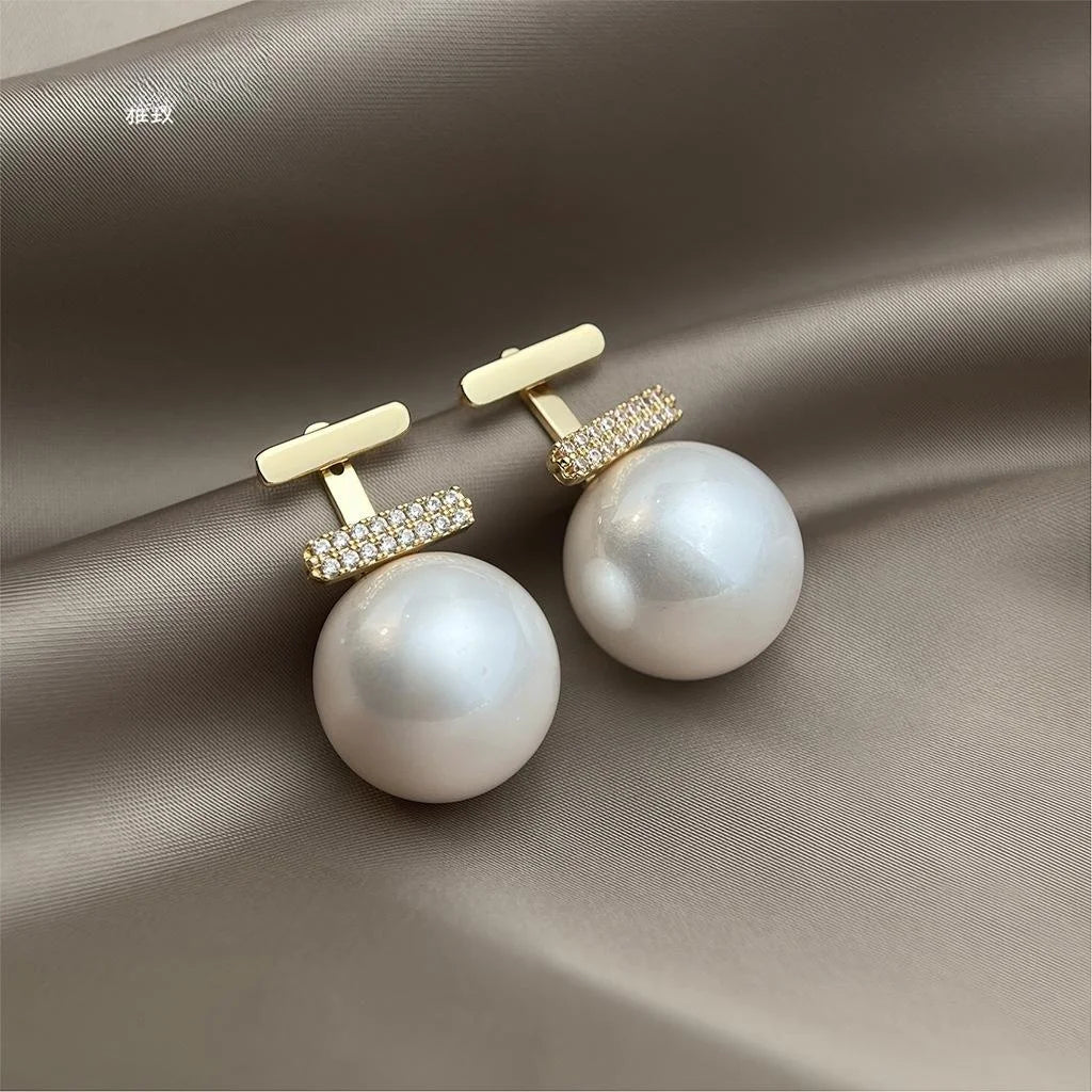 Light Luxury Two-Way Micro Pave Zircon Pearl Drop Earrings And Copper Geometric Design