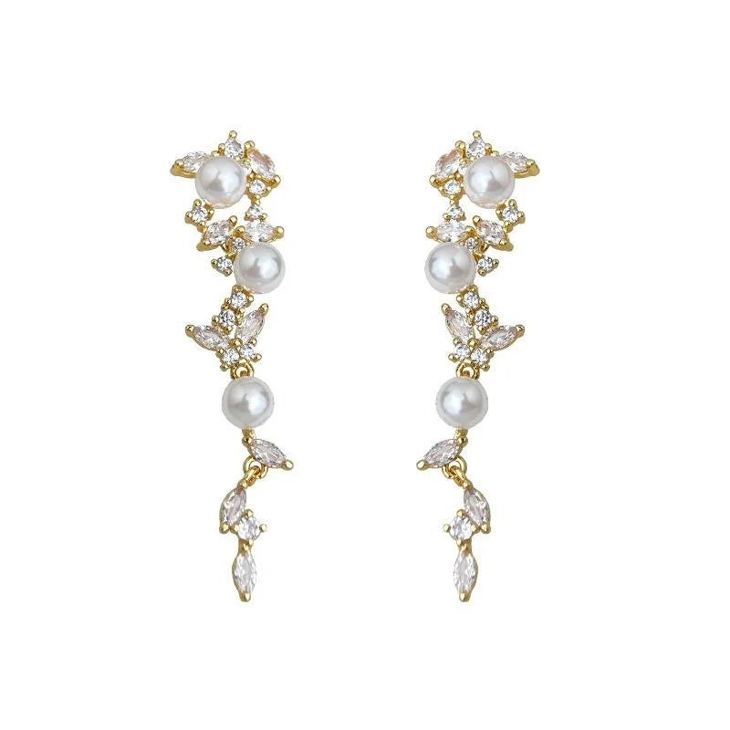 Elegant Copper Zircon Micro Pave Butterfly Floral Leaf Long Tassel Drop Earrings