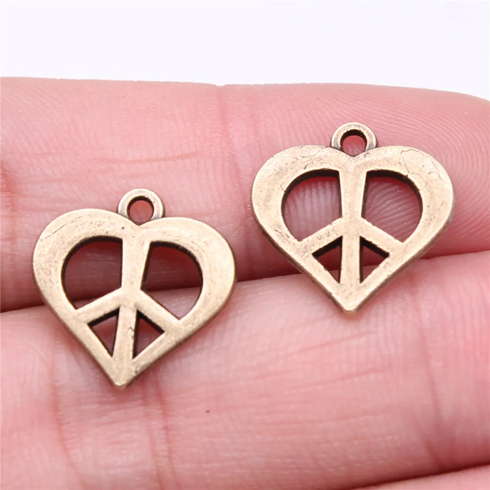 16x16mm 1.23g Antique Bronze Zinc Alloy Heart Peace Sign Charm Pendant for DIY Jewelry Making