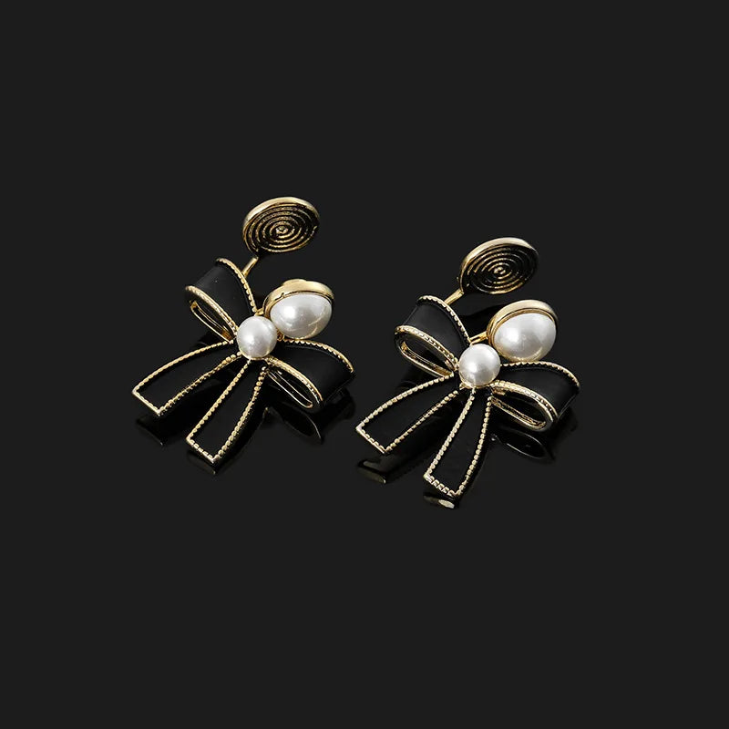 Vintage Black Ribbon Bow Faux Pearl Gold Tone Alloy Stud & Clip On No Piercing Statement Drop Earrings