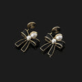 Vintage Black Ribbon Bow Faux Pearl Gold Tone Alloy Stud & Clip On No Piercing Statement Drop Earrings