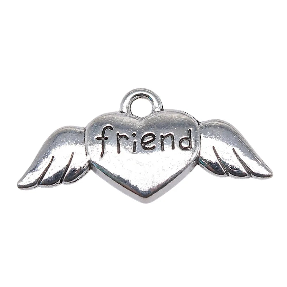26x12mm 2.2g Antique Silver Zinc Alloy Winged Heart Friends Wing Charm Pendant for DIY Jewelry Making