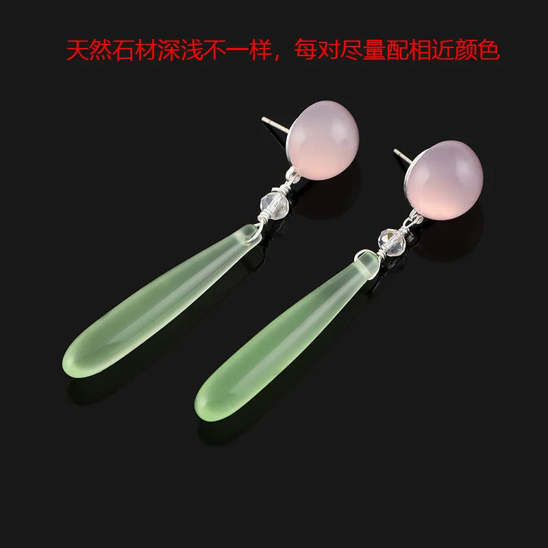 Elegant New Chinese Long Green Agate Teardrop Pink Chalcedony Alloy Stud & Clip On No Piercing Earrings