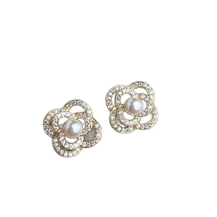Fashion Minimalist Geometric Micro Pave Zircon Freshwater Pearl Copper Stud Earrings