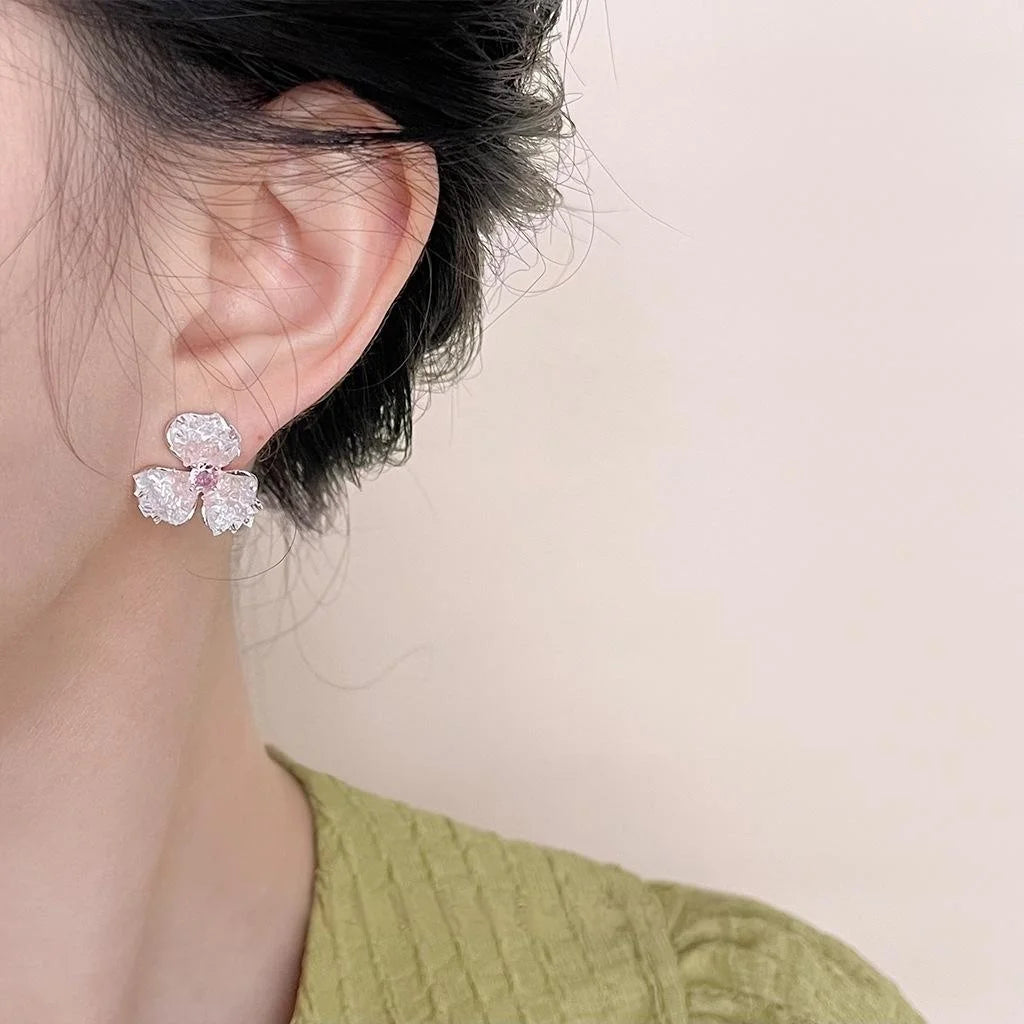 Sweet Pink Gradient Sakura Glass Crystal Zircon Micro Pave Copper Stud Earrings