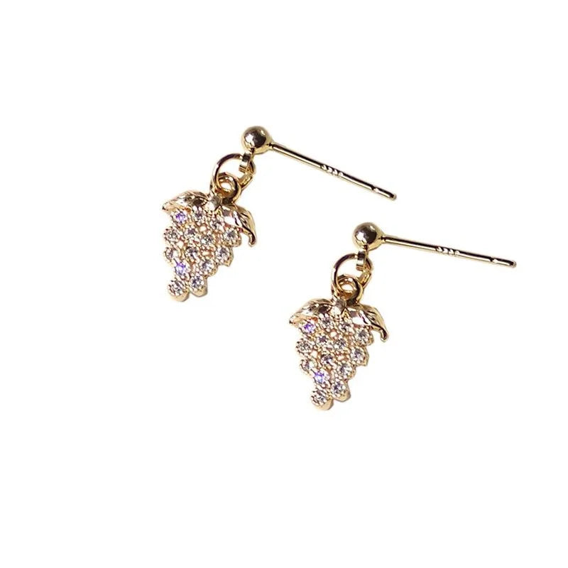 Vintage 14K Plated Copper Zircon Mini Grape Stud Earrings For Women Korean Style