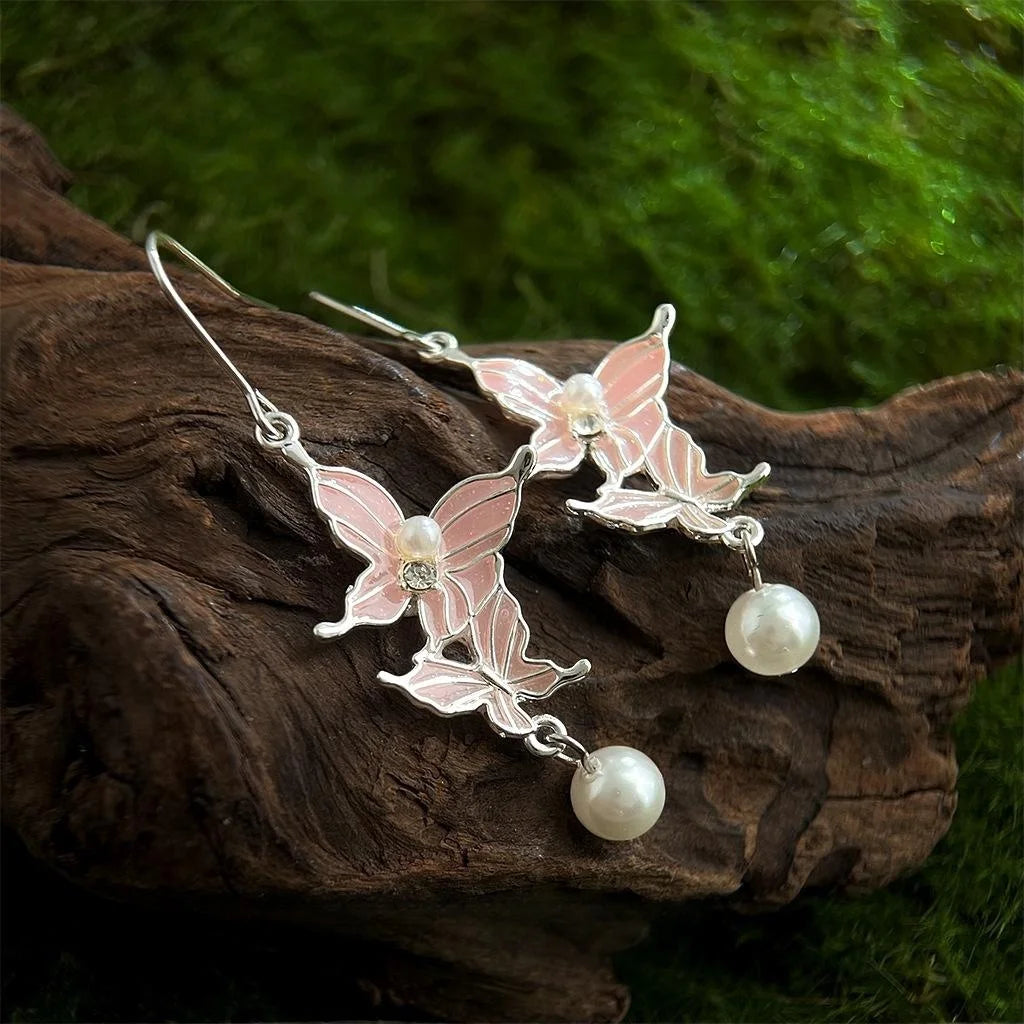 Sweet Gradient Butterfly Long Tassel Drop Earrings Copper Fairy Forest Style Summer Jewelry