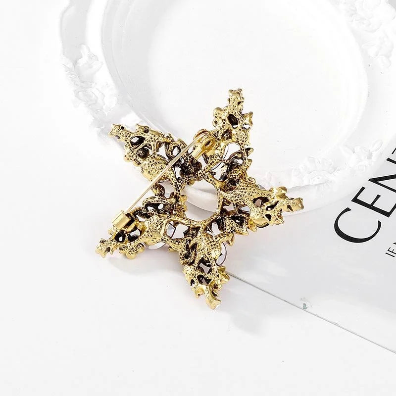 Vintage Hollow Star Brooch With Red Rhinestones And Enamel Flowers, Elegant Christmas Lapel Pin Gift