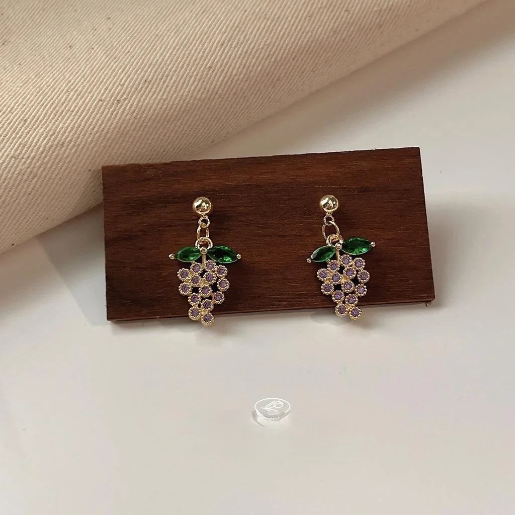 French Vintage Copper Zircon Grape Cluster Drop Earrings Sweet Fruit Design Jewelry