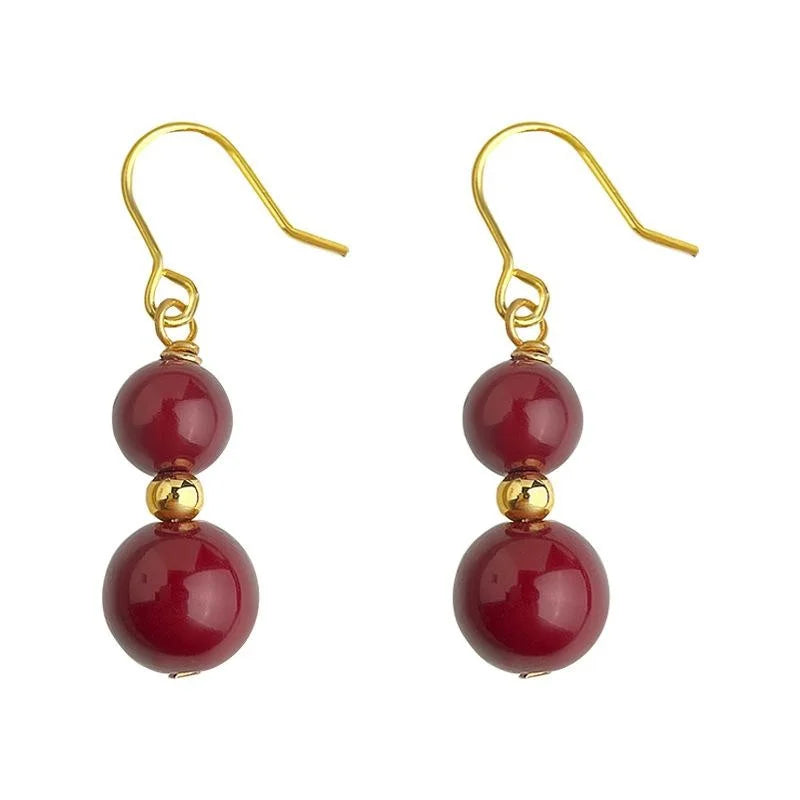 French Vintage Red Glass Tassel Drop Earrings Handmade Palace Geometric Jewelry for Women
