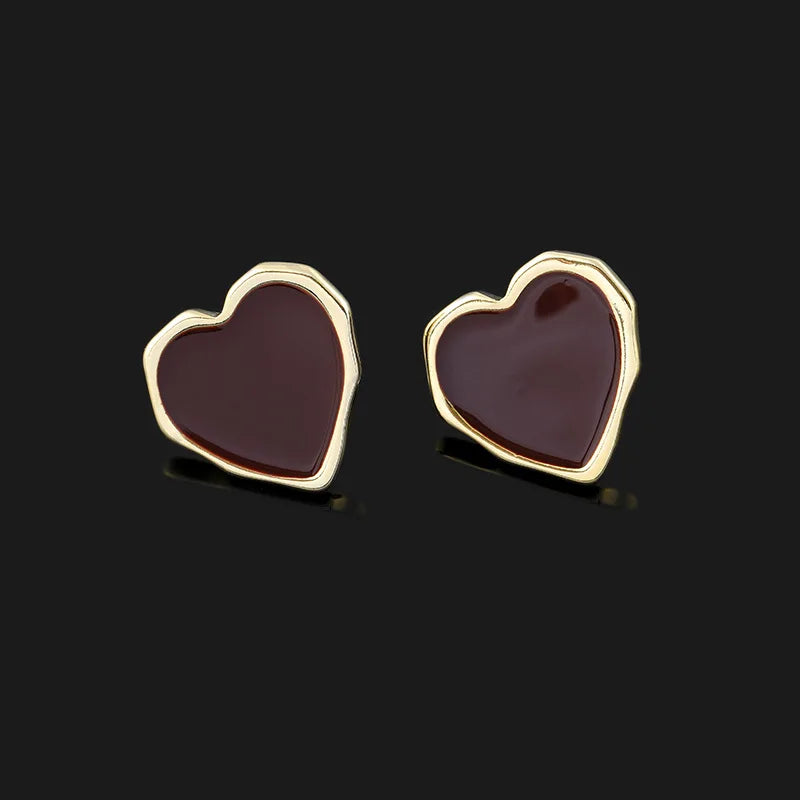 Vintage Red Enamel Heart Alloy Stud & Clip On No Piercing Gold Tone Spiral Clip Sweet Love Earrings