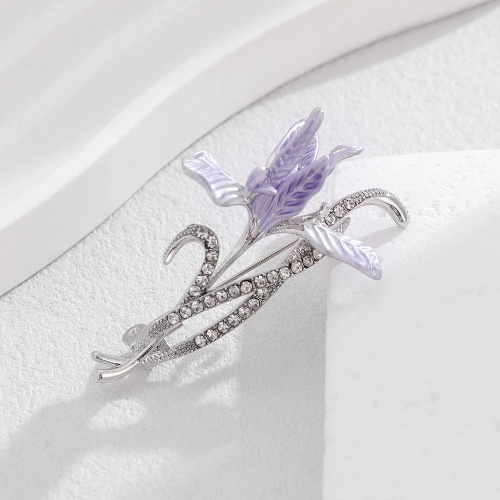 Elegant Purple Enamel Iris Flower Brooch With Rhinestone Stems, Silver Alloy Lapel Pin Corsage Gift