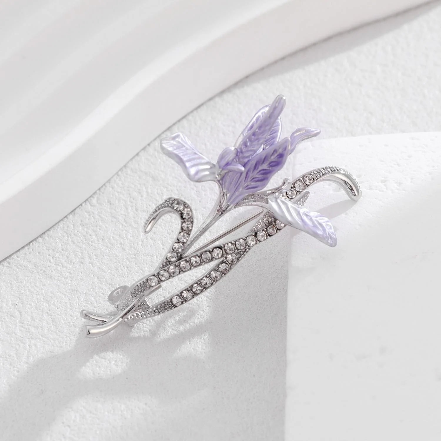 Elegant Purple Enamel Iris Flower Brooch With Rhinestone Stems, Silver Alloy Lapel Pin Corsage Gift