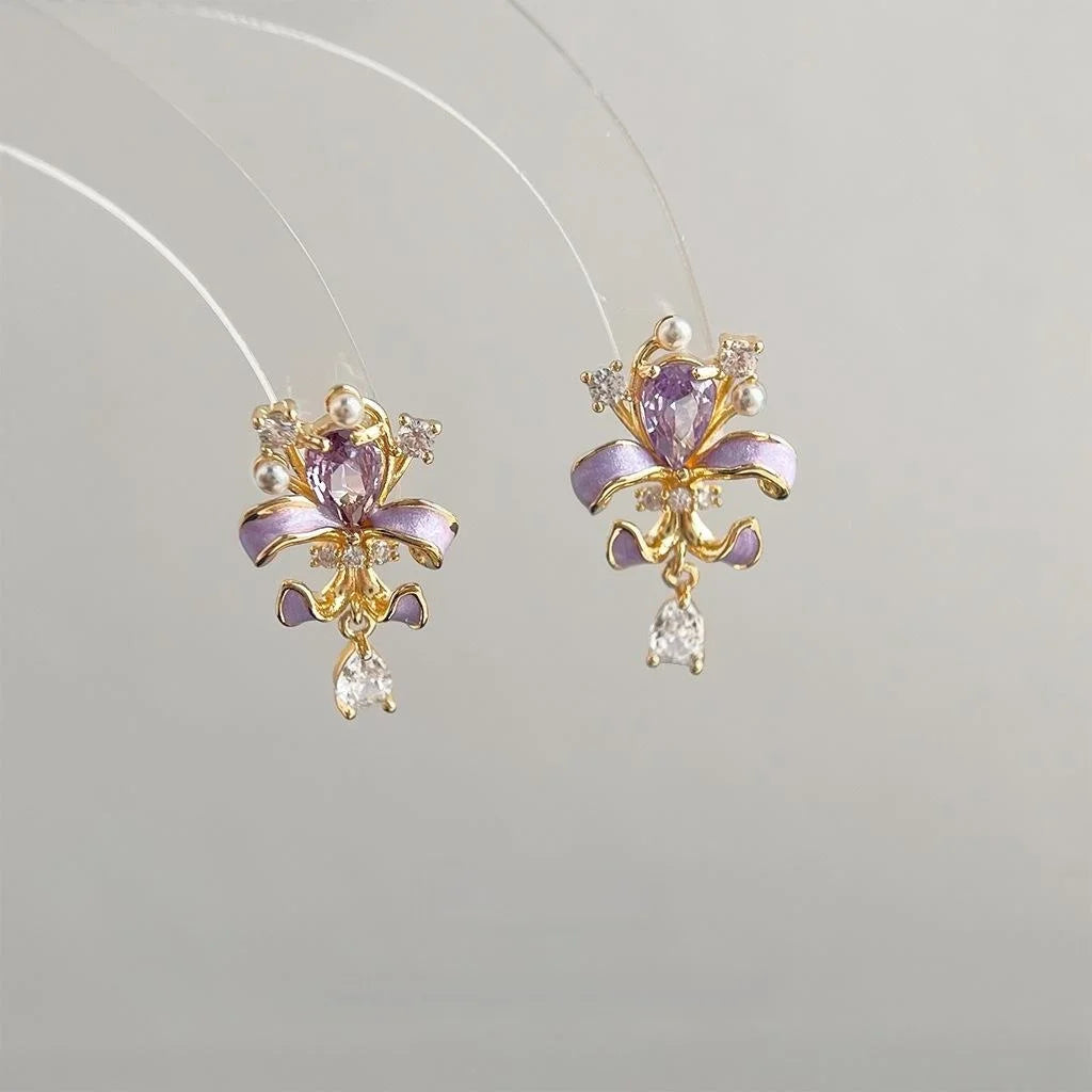 Enamel Painted Iris Flower Zircon Copper Stud Earrings, Forest Style