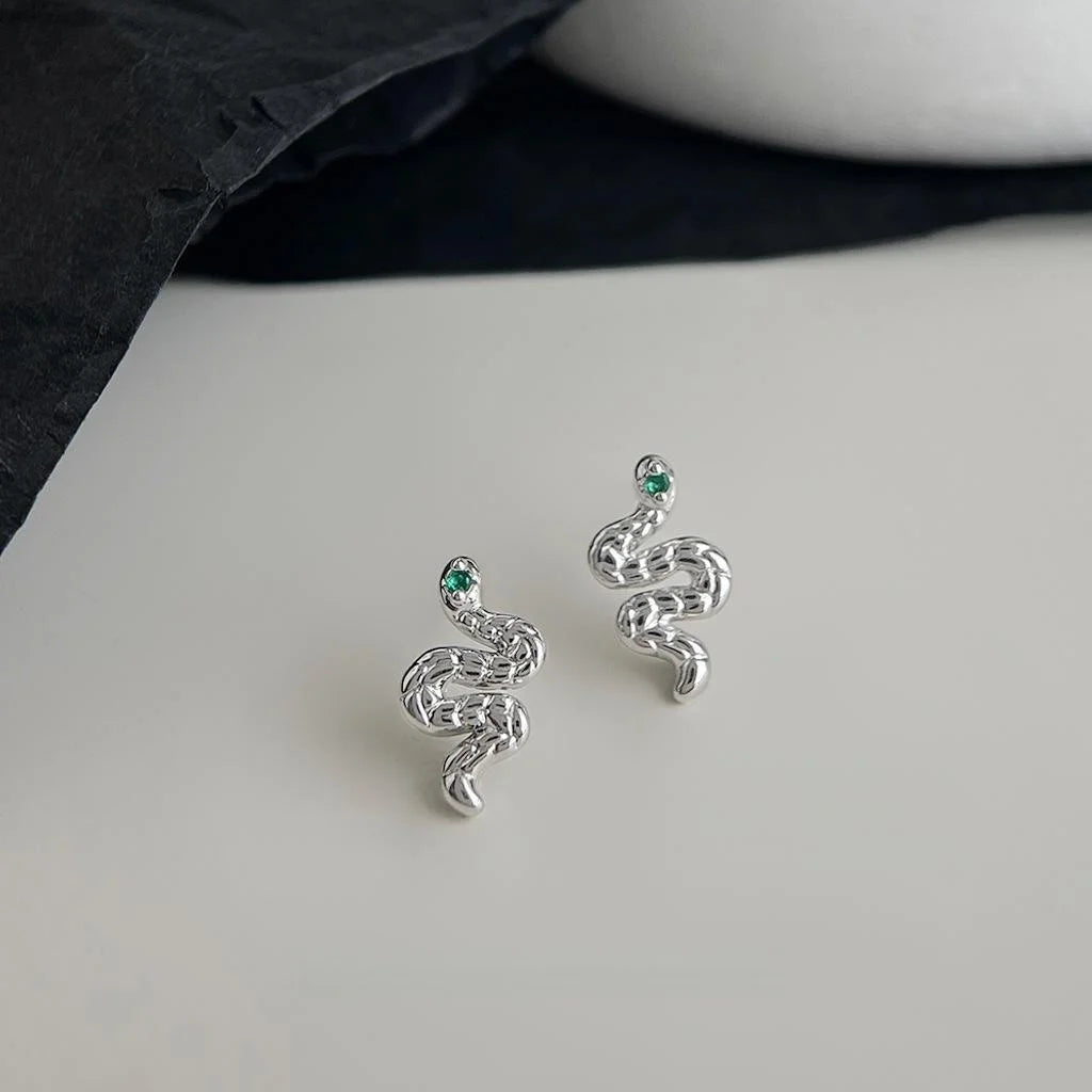 Micro Pave Zircon Snake Stud Earrings Silver Plated Copper Minimalist Luxury Animal Jewelry