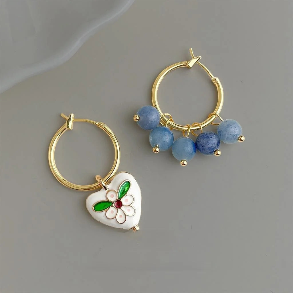 Vintage Asymmetric Heart Stud Earrings 14K Plated Copper Enamel Cloisonne Style Jewelry