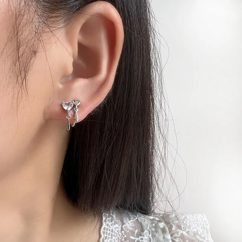Elegant Tiny Heart Zircon Dangle Stud & Clip On No Piercing Silver Alloy Sparkle Love Earrings