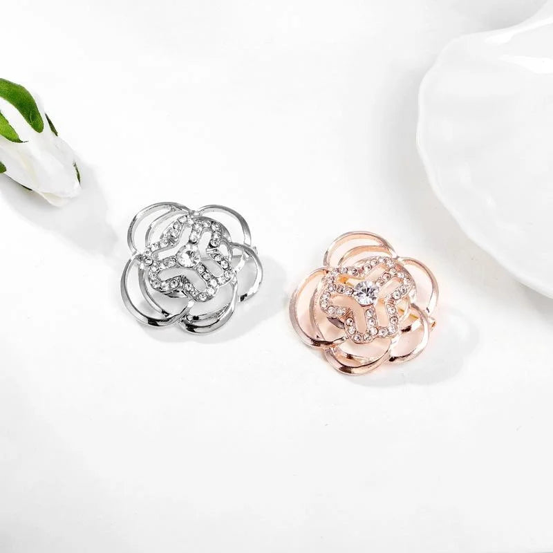 Elegant Rose Gold Alloy Flower Emblem Brooch With Rhinestones, Women's Lapel Pin Suit Accessory Gift